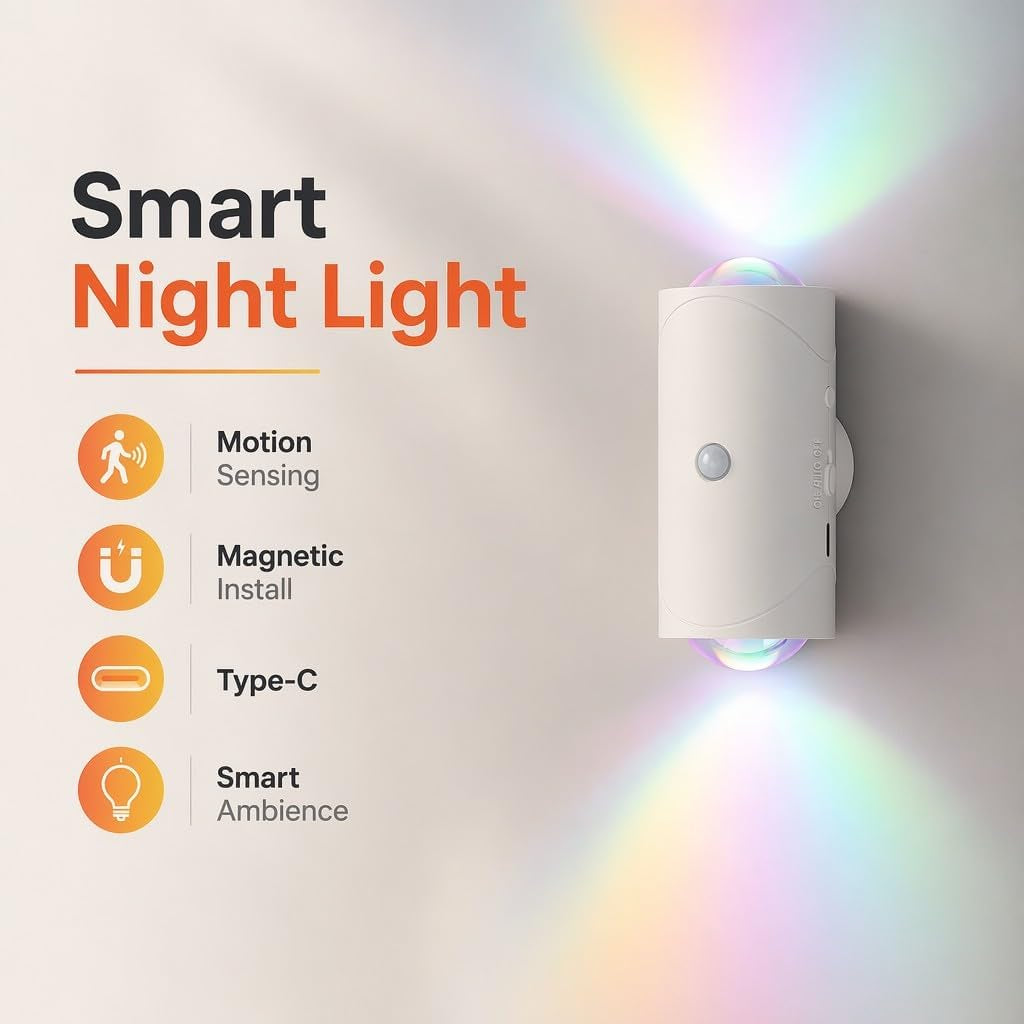 Motion Sensor Night Light, USB-C Rechargeable RGB Wall Light 1 Pack