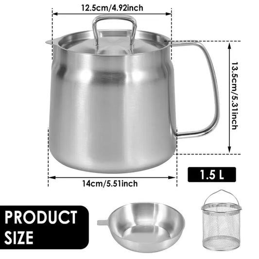 Oil Strainer Pot 1.5L/2L Oil Storage Can with Filter Lid and Frying Basket 304 Stainless Steel Oil Filter Tank Oil Filter Pot